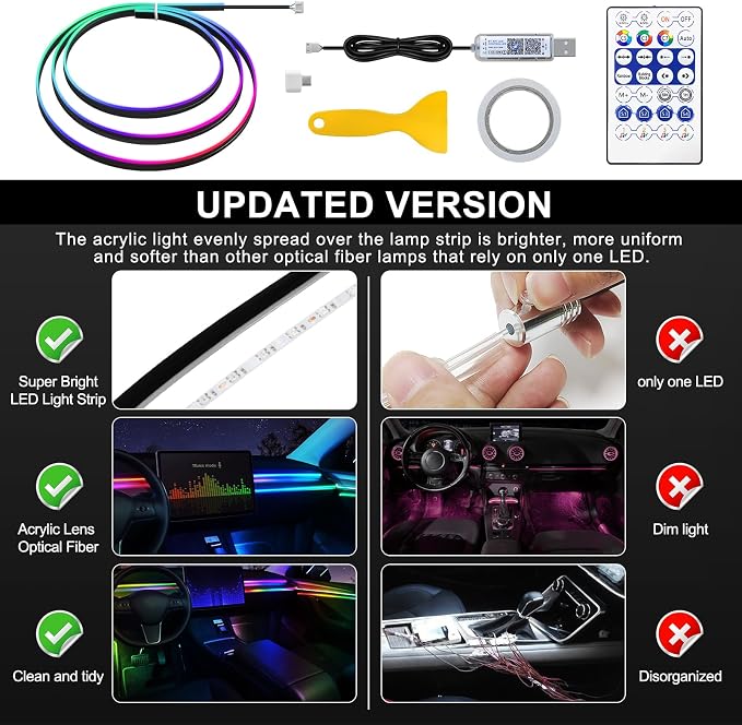 Dreamcolor Acrylic Interior Car LED Strip Light with USB/Type C, 47.24 inches Fiber Optic Ambient Lighting Kits, 16 Million Colors Sound Active Function - Image 5