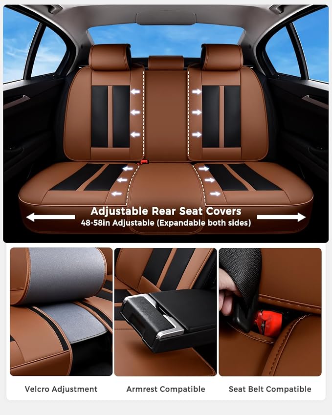 Huidasource Seat Covers Luxury Nappa Leather, Car Seat Covers Full Set with Velcro Adjustable, Airbag, Lumbar Support, Cooling＆Heating, Brown Car Seat Cover Fit for Most Cars SUV Trucks, Brown＆Black - Image 3