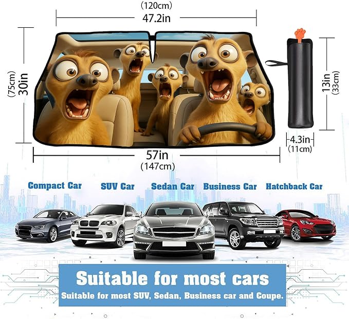 2025 Upgrade Funny Cute Animals Car Windshield Sun Shade Umbrella 5 Layers Nano Coatings Meerkat Driving Car Front Window UV Block Sunshade Cover for Most Cars SUV Universal Size 57"x30" - Image 2