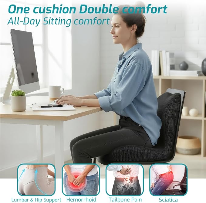 Memory Foam Seat Cushion,Office Chair Cushion with Lumbar Support for Back Pressure Relief, Car Seat Cushion with Adjustable Strap,Sciatica Pad Cushions for Car,Truck, Desk,Gaming Chair - Image 2