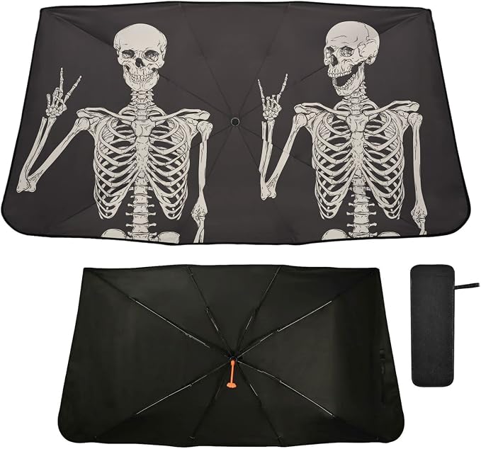 Skull Windshield Sun Shade Umbrella Fun Human Skeleton Black Foldable Car Front Window Sunshade Blocks UV Rays Heat Keep Vehicle Cool (55" x 27.5") by Oarencol