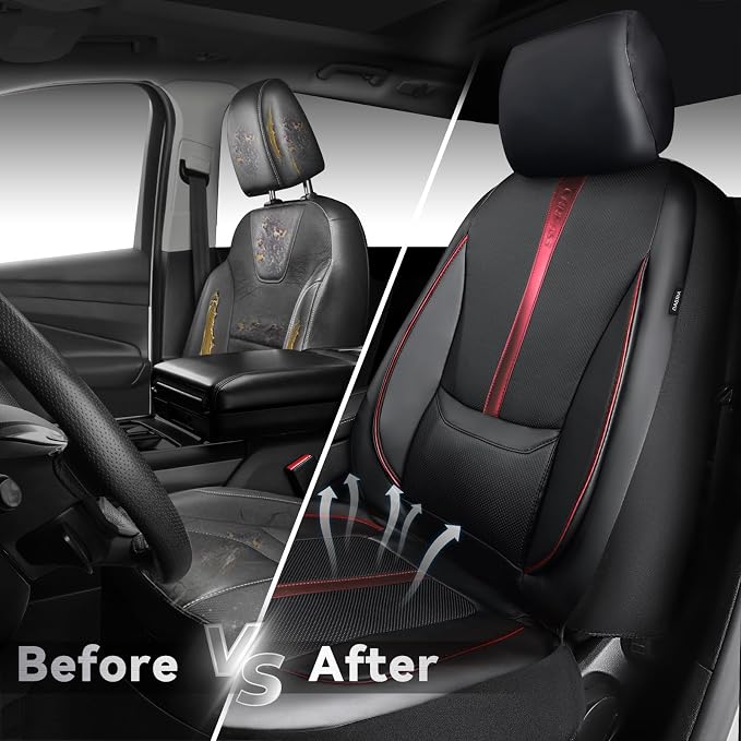 CAR PASS Nappa Leather Two Front Car Seat Covers, Water Resistant Faux PU Leather Seat Covers, 3D Foam Support Automotive Seat Covers Comfortable & Durable Universal Fit for Cars SUV Truck, Black Red - Image 6