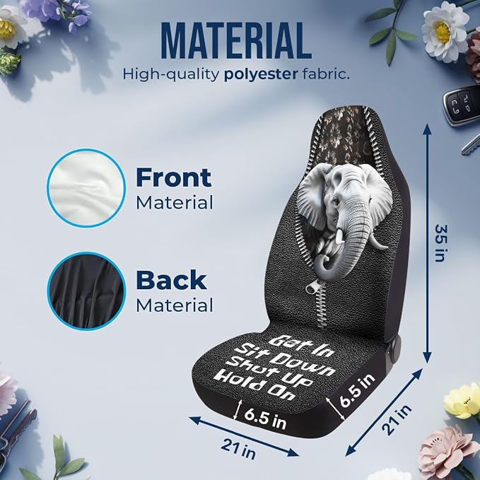 GENANY Elephant Car Seat Covers, 2-Piece Front Seat Set | 2-piece polyester front seat cover set, each 49.5 x 19.6 inches, with adjustable straps and hooks - Image 4