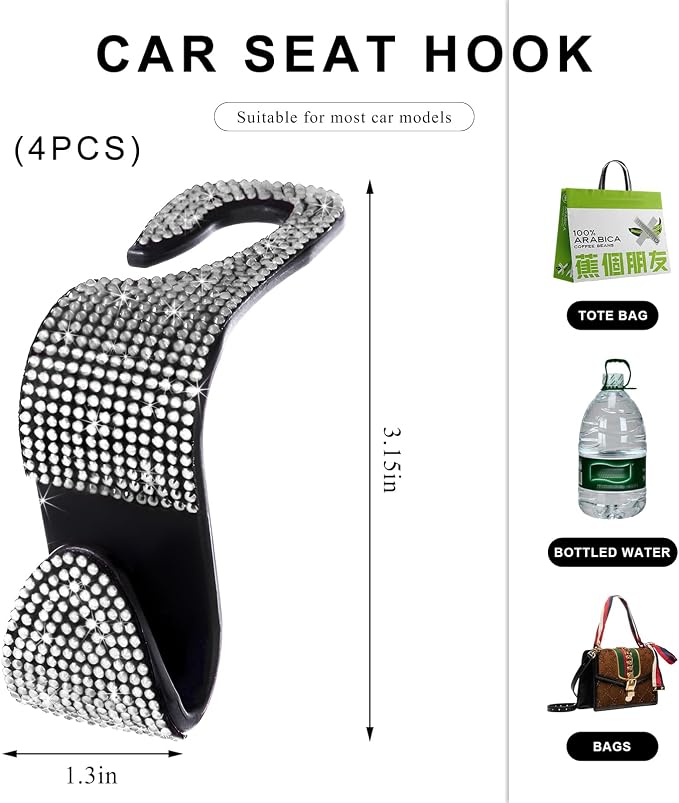 4 PCS Car Seat Headrest Hooks, Bling Crystal Rhinestone Back Seat Hanger Storage Organizer, Sparkly Seatback Holder Hooks for Purse and Bags Universal For Most Vehicles (Silver) - Image 2