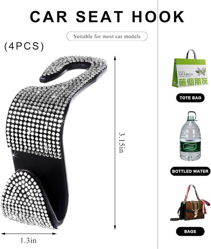 4 PCS Car Seat Headrest Hooks, Bling Crystal Rhinestone Back Seat Hanger Storage Organizer, Sparkly Seatback Holder Hooks for Purse and Bags Universal For Most Vehicles (Silver) - Image 2