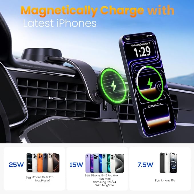 Upgrade for Qi2.2 25W for MagSafe Wireless Car Charger Mount, Inky | 2XFast Charging [90+LBS Safe Suction] Magnetic Phone Holder Dashboard Windshield Vent for iPhone 17/16/15/14/13/12 Pro Max - Image 2