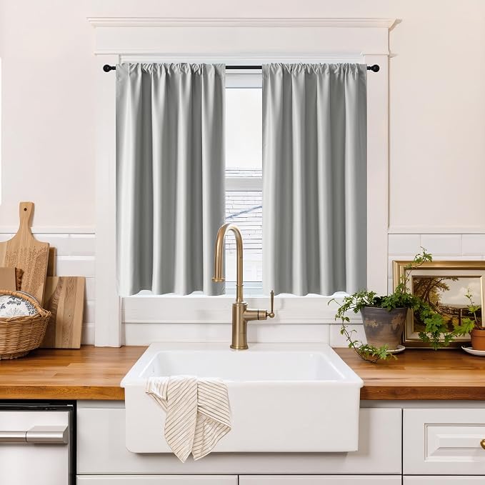 RYB HOME 100% Blackout Short Curtains for Small Window, Thermal Insulated | Total Room Darkening, Noise Reducing, Curtains for Basement Bathroom RV Cars, W29 x L45, Sliver Grey, 2 Panels by RYBHOME
