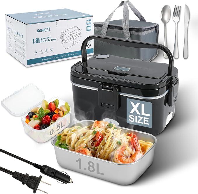 1.8L Heated Lunch Box for Men, Portable Food Warmer for Car/Truck/Office | Sohida 80W Electric Lunch Box for Adults: Leak-Proof and Dishwasher-Safe, 12V/24V/110V Lonchera Eléctrica Portátil for Worker by SOHIDALunchBoxes