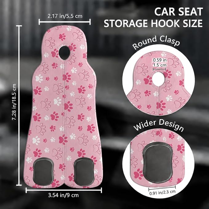Cute Pink Paw Car Seat Back Storage Headrest Hooks for Purses & Bags – 2PCS PU Leather Dual Metal Hooks, Backseat Organizer Accessories - Image 2