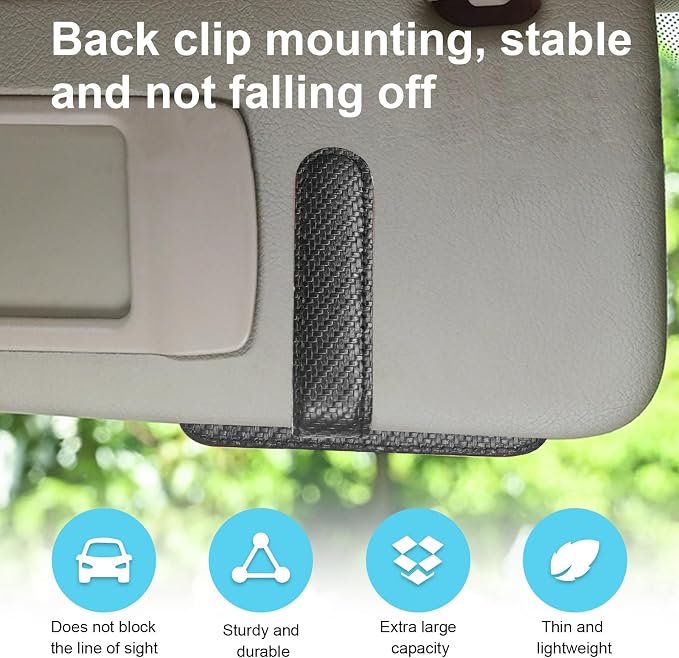 Dickno Small Leather Car Sun Visor Organizer, Multifunctional Auto Visor Document Holder with Sunglasses Clip, Universal Car Interior Organizer for Driving License, Card, Pen (Carbon Fiber Black) - Image 5