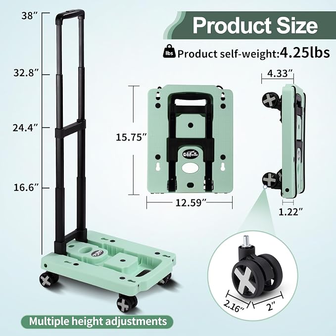 GtIiFmTe Foldable Hand Truck, Lightweight Luggage Cart for Airport Car Seat | Compact Folding dolly with Rotating swivel wheel,storage size12×15.7×4.1",300lbs Load,Upright Lock Handle with 3bungee cords - Image 2