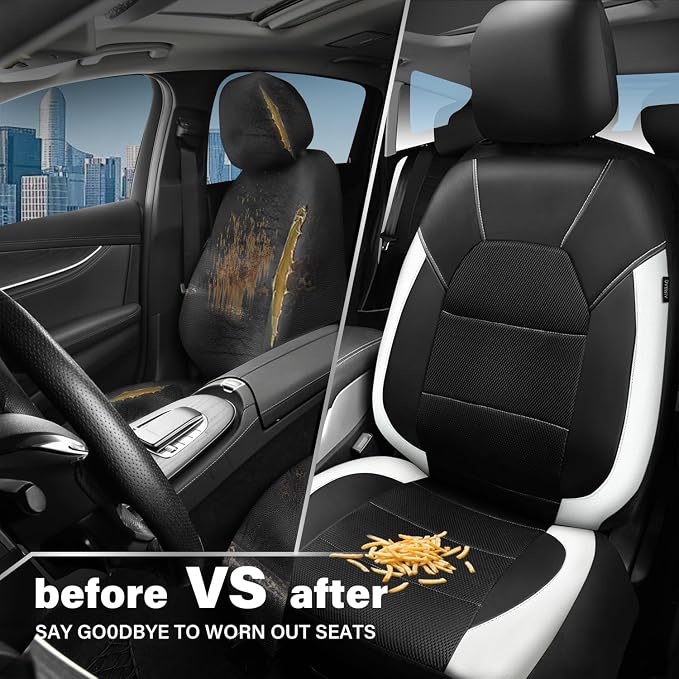 CAR PASS Universal Front Leather Car Seat Covers with Sporty Design, Breathable All Season Easy to Clean Anti-Slip Wear-Resistant Automotive Seat Covers Fit for Most Cars, SUVs, Trucks, Black & White - Image 5