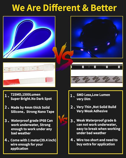 YM E-Bright Led Strip Lights for Cars Boat Motorcycle Golf Cart Interior Exterior Cuttable Underwater Marine Lighting IP68 Waterproof 24inch 60CM 72SMD 12v,Blue(Pack of 4) - Image 2