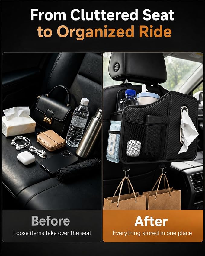 Car Tissue Holder, Leather Back Seat Organizer with Cup Holder & 2 Hooks | | Fits 100-160 Count Tissue Boxes, Keeps Drinks & Small Items Within Reach,3 Storage Pockets, Secure Headrest Mount - Image 5