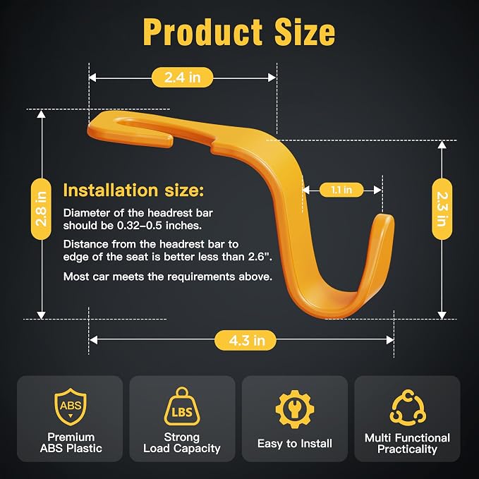 4-Pack Car Headrest Hooks Holds 55lbs Seat Storage Organizer for Bags | Durable ABS Material, 360° Rotating, Car Hanger for Backpack Umbrella Water Bottle Coat Purses Handbags Groceries, Yellow - Image 6