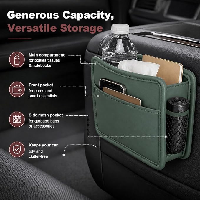 Car Seat Side Pocket Organizer, Leather Sewn Multifunctional Automotive Trash Bag, Small Vehicle Door Pouch for Cell Phone, Key, Wallet, Sunglasses (Green) - Image 5