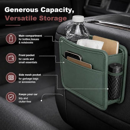 Car Seat Side Pocket Organizer, Leather Sewn Multifunctional Automotive Trash Bag, Small Vehicle Door Pouch for Cell Phone, Key, Wallet, Sunglasses (Green) - Image 5