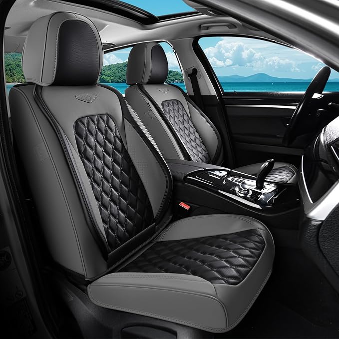 Coverado Car Seat Covers Front Seats, Minimalist Scratch-Resistant Waterproof Faux Leather Full Set with Rear Protectors, Business Daily Driving – GrayBlack by COVERADOAUTO