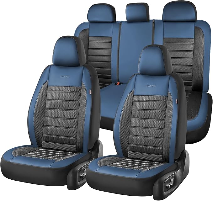 Coverado Car Seat Covers Full Set, Luxury Leather Car Seat Covers, Automotive Front and Rear Mesh Seat Covers, Full Set 5 Seats, Blue Black Seat Covers for SUV Sedan Truck by COVERADOAUTO