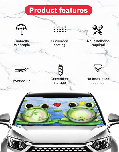 Cute Frog Lover Car Windshield Umbrella,Large Size Windshield Sun Shade Umbrella for Front Windows,UV Rays and Heat Sun Visor Protector Foldable Reflector Sun Shield Fits Most Vans SUVs - Image 4