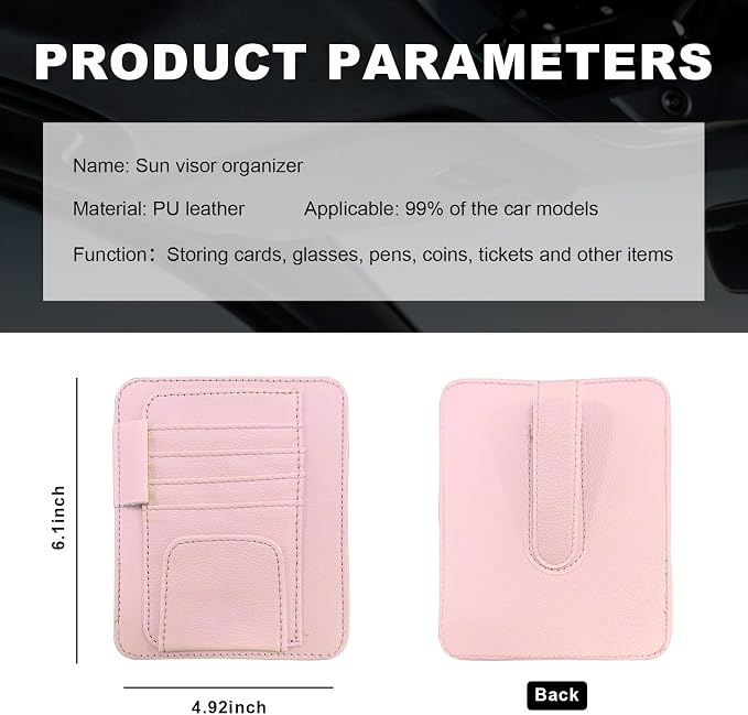 Dickno Small Leather Car Sun Visor Organizer, Multifunctional Auto Visor Document Holder with Sunglasses Clip, Universal Car Interior Organizer for Drving License, Card, Pen (Pink) - Image 2