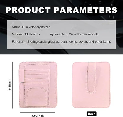 Dickno Small Leather Car Sun Visor Organizer, Multifunctional Auto Visor Document Holder with Sunglasses Clip, Universal Car Interior Organizer for Drving License, Card, Pen (Pink) - Image 2