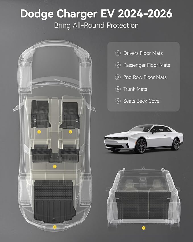 3W Floor Mats & Cargo Liner & Seatback Mats for 2024-2026 Dodge Charger EV | Daytona (Fit 2-Door, Not for 4-Door) Scat Pack & R/T, All Weather TPE Custom Fit Car Mats Floor Liners Full Set, Black - Image 3