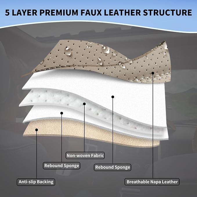Leather Front Car Seat Covers Automotive Seat Protectors | Breathable，Waterproof，Durable，Full Surround & Lumbar Support Design，Non-Slip，Universal Fit for Most Cars SUV Trucks Van，Beige - Image 3