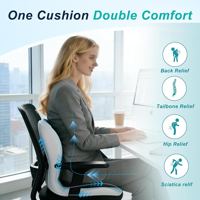 Seat Cushion for Office Chair, Ergonomic Cushion with Lumbar Support Pillow | Orthopedic Memory Foam Coccyx Cushion for Tailbone & Sciatica Pain Relief, Ideal For Office Chairs, Car Seats, Wheelchairs - Image 4