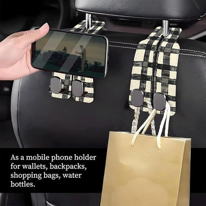 Car Seat Headrest Hook, Universal Leather Cute Hanger Holder Hook, Storage Organizer Interior Accessories for Purse Bags Handbag Black White Plaid - Image 2