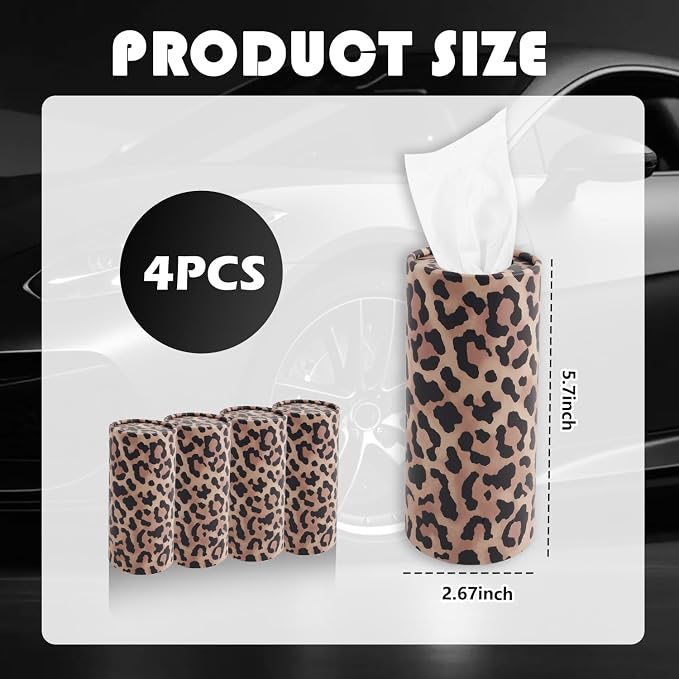 4PCS Portable Car Tissue Holder,Stylish Leopard-Print Tissues for Car Cup Holder with Replaceable Refills,Essential Cars Tissues Cylinder Leopard Print Cars Accessories - Image 2