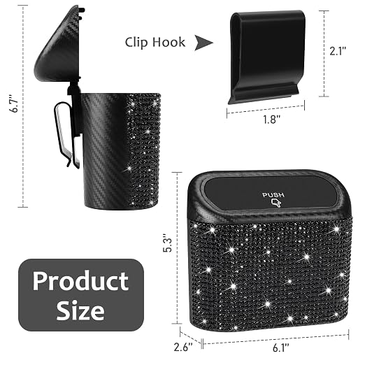 Accmor Bling Car Trash Can with Lid, Mini Vehicle Trash Bin, Car Dustbin Garbage Organizer with 60 Trash Bag, Leakproof Auto Storage Bag Container for Car, Home, Office (Carbon Fiber&Black Rhinestone) - Image 3