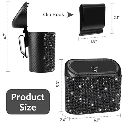 Accmor Bling Car Trash Can with Lid, Mini Vehicle Trash Bin, Car Dustbin Garbage Organizer with 60 Trash Bag, Leakproof Auto Storage Bag Container for Car, Home, Office (Carbon Fiber&Black Rhinestone) - Image 3