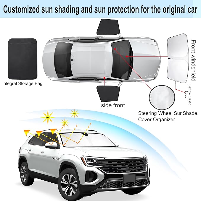 3PCS Car Window Shades Front Windshield Sun Shade Foldable Window Shade Custom Fit for Volkswagen Atlas VW Atlas Cross Sport 2018-2026 Shades Windows Anti-UV Rays Block Heat - Image 3