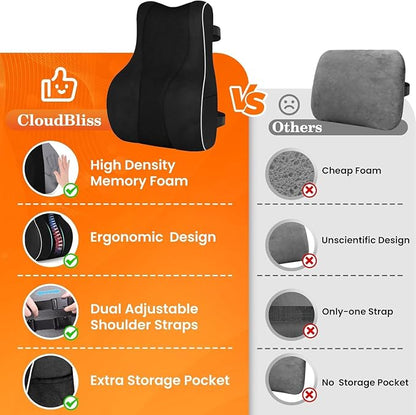 CloudBliss Lumbar Support Pillow, Memory Foam for Office, Standard, Black | Ergonomic High-Density Memory Foam, Adjustable Straps, Washable Mesh Cover, Lower Back Support for Office, Gaming & Car Seat - Image 6