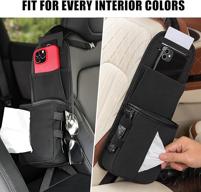 2PCS Car Seat Storage Bag Car Multi-Pocket Side Organizer Bag (Black) | Hanging Bag for Phone, Wallet, Glasses, Tissue, Car Seat Storage bag fit for Tesla/Cars/SUVs/Trucks, Car Interior Accessories - Image 7