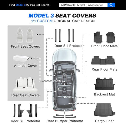 AOMSAZTO Seat Cover for Tesla Model 3 2024-2025(Not Performance) | Faux Leather,Waterproof,Airbag Compatible,5-Pieces Set with Seatbelt,Steering Wheel Covers,Side Bolster Cover&Headrests-Black - Image 10