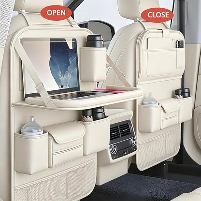 Universal Foldable Car Backseat Organizer with Table Tray, Car Seat Back Protector with Touch Screen Phone Holder, Premium Leather Kick Mats with Storage Pockets Tissue Holder (Beige) - Image 3