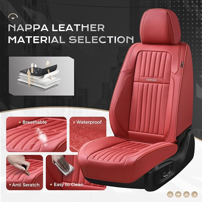 Coverado Car Seat Covers Front Seats, Seat Covers for Cars, Car Seat Protector, 2-Pack Car Seat Cushion Nappa Leather, Waterproof Seat Covers Carseat Cover Universal Fit for Most Cars Trucks(Red) - Image 2