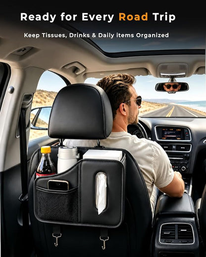 Car Tissue Holder, Leather Back Seat Organizer with Cup Holder & 2 Hooks | | Fits 100-160 Count Tissue Boxes, Keeps Drinks & Small Items Within Reach,3 Storage Pockets, Secure Headrest Mount - Image 9