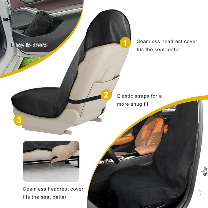 Car Towel Seat Cover, Waterproof Sweating Auto Front Seat Protective Cover, Non-Slip Washable Carseat Protector for Post Gym Workout Running Swimming, Car Accessories (Beige) - Image 3