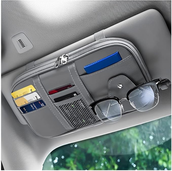 Car Sun Visor Organizer, Sunglass Holder and Storage Pocket, Card Cash Pouch with Multi-Pocket Net Zipper, Case Bag for License Pen Key, Auto Interior Accessories for Truck, SUV, Van (Gray) by BELOMI