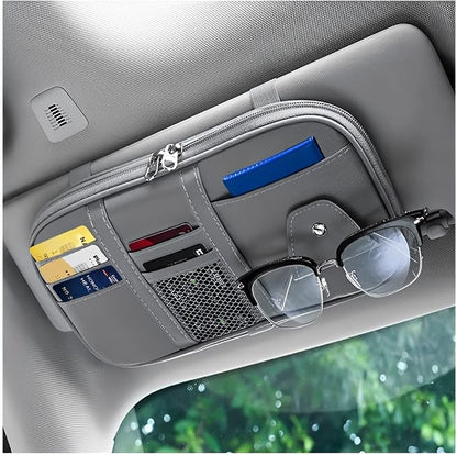 Car Sun Visor Organizer, Sunglass Holder and Storage Pocket, Card Cash Pouch with Multi-Pocket Net Zipper, Case Bag for License Pen Key, Auto Interior Accessories for Truck, SUV, Van (Gray) by BELOMI