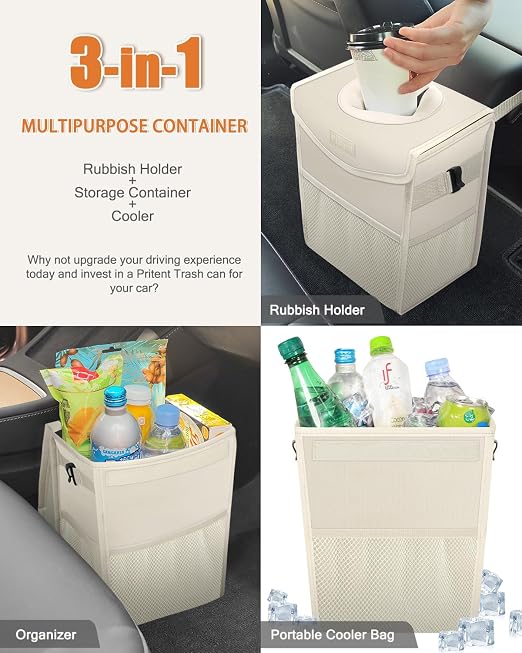 Pritent Car Trash Can with Lid Leakproof Car Garbage Bag Vehicle Trash Bin | Hanging Automotive Garbage Can,Multipurpose Car Accessories for Women Men Interior Car Storage Organizer(2 Gal,Ivory) - Image 5