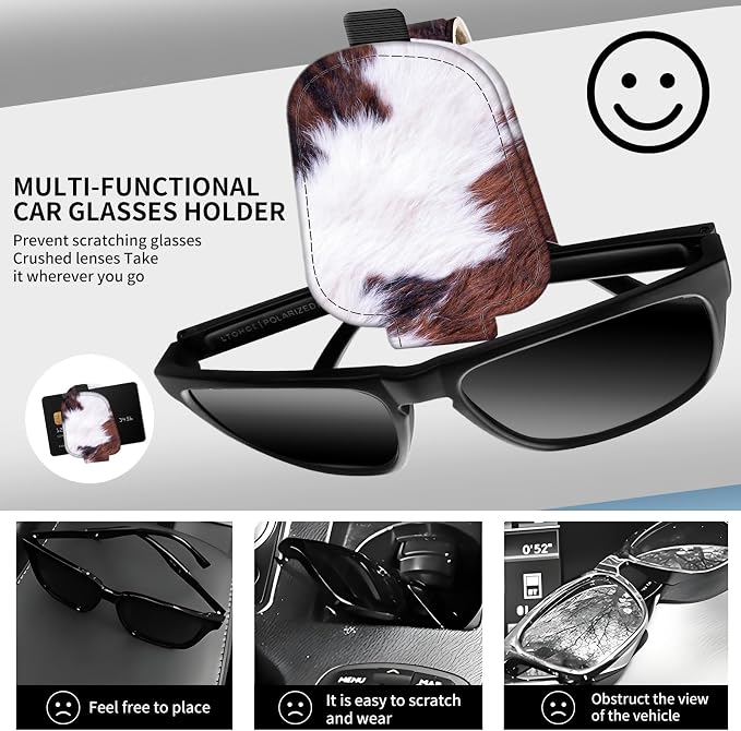 Leather Magnetic Sunglass Holder for Car Sun Visor, Cute Eyeglass Ticket Card Hanger Clip, Universal Auto Interior Accessories for SUV Pickup Truck, Brown Cow - Image 2