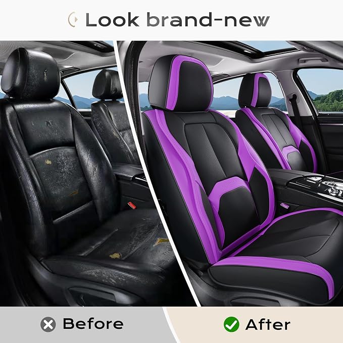 Coverado Car Seat Covers Front Seats, 2 Pack Nappa Leather Seat Covers for Cars, Waterproof Car Seat Protector with Lumbar Support, Front Seat Covers Universal Fit for Most Cars (Black&Purple) - Image 5