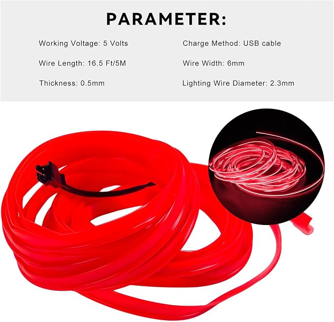 EL Wire Interior Car LED Strip Lights, 16.5FT 5V EL Wire Strip Neon Glowing Strobing Light w/ 5mm Sewing Edge, USB Electroluminescent Ambient Lighting Kit for Car Inside Decoration (Red) - Image 2