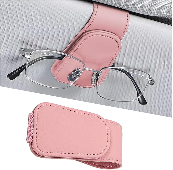 Sunglasses Holder for Car Visor, Microfiber Leather Magnetic Sun Visor Eyeglasses Hanger & Ticket Card Clip, Multi-Function Automotive Interior Glasses Mount, Universal Fit (Pink) by Ywdiml