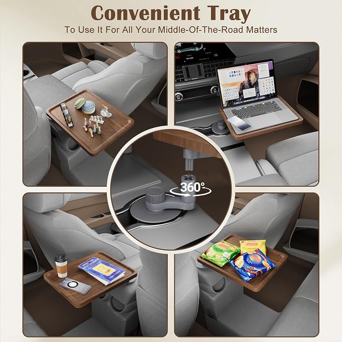 Car Tray & Car Desk for Laptop, 360° Rotating Wood Cup Holder Food Table | Anti-slip silicone mat included, Fits 2.75"-3.93" round cup holders, Compatible with Tesla Model Y/3/S & Most Vehicle - Image 6