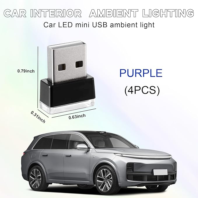 4 PCS USB LED Car Interior Atmosphere Lamp, Portable Mini LED Night Light, Plug-in USB Interface Trunk Ambient Lighting Kit, Universal Interior Car Accessories (Purple) - Image 2